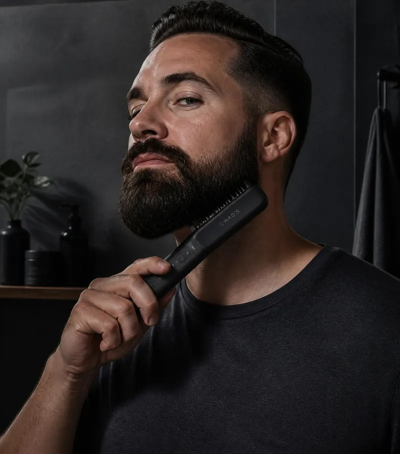 Man using the BRAVEN heated comb on his beard