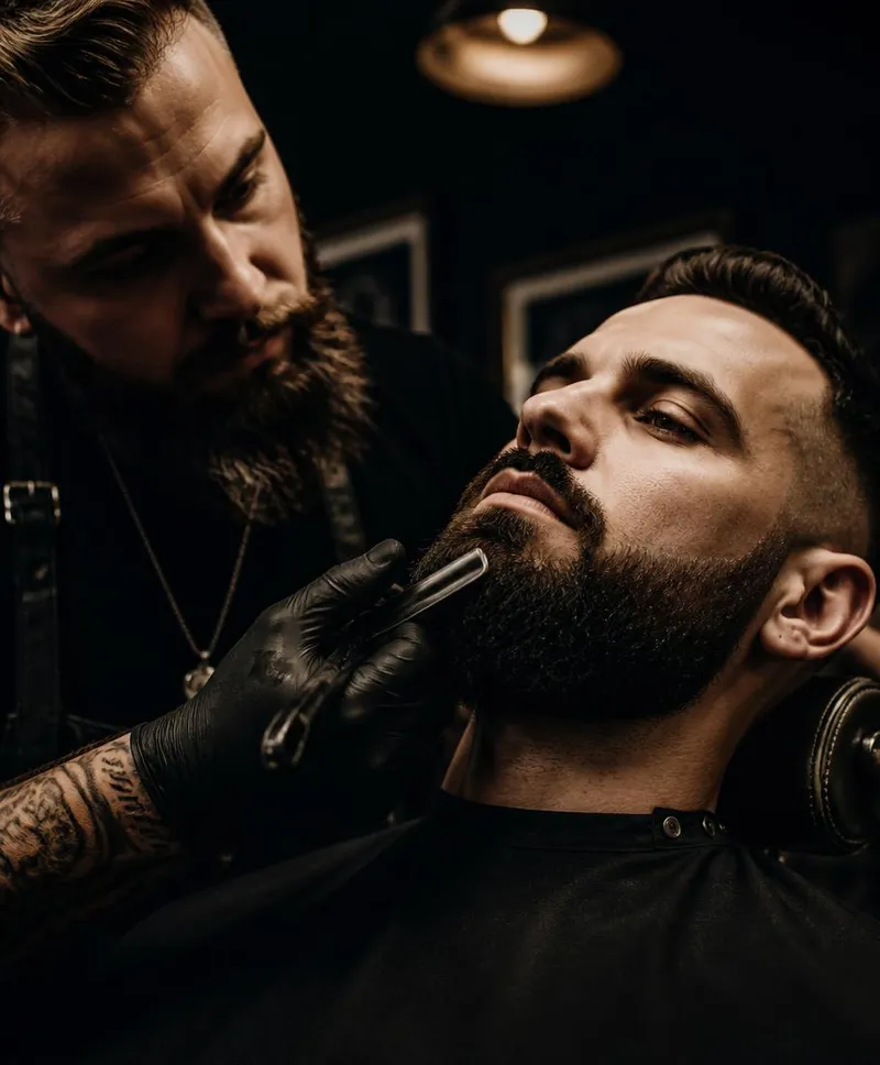Barber shaping a client's beard in a dark barbershop
