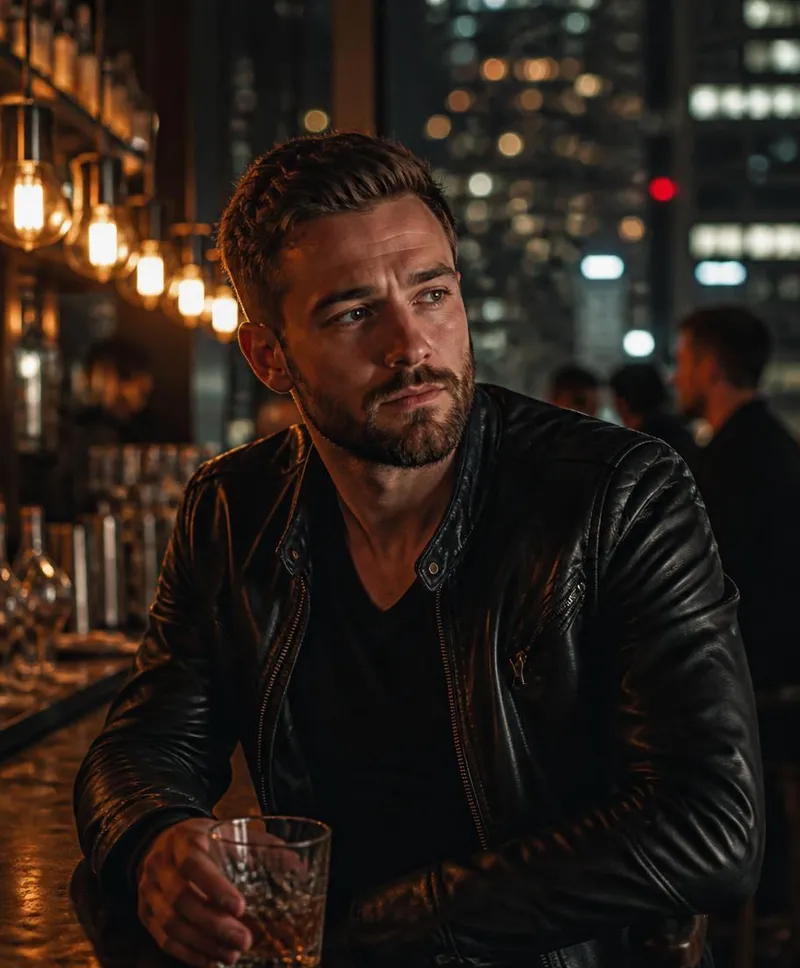 Bearded man in a leather jacket at a night bar