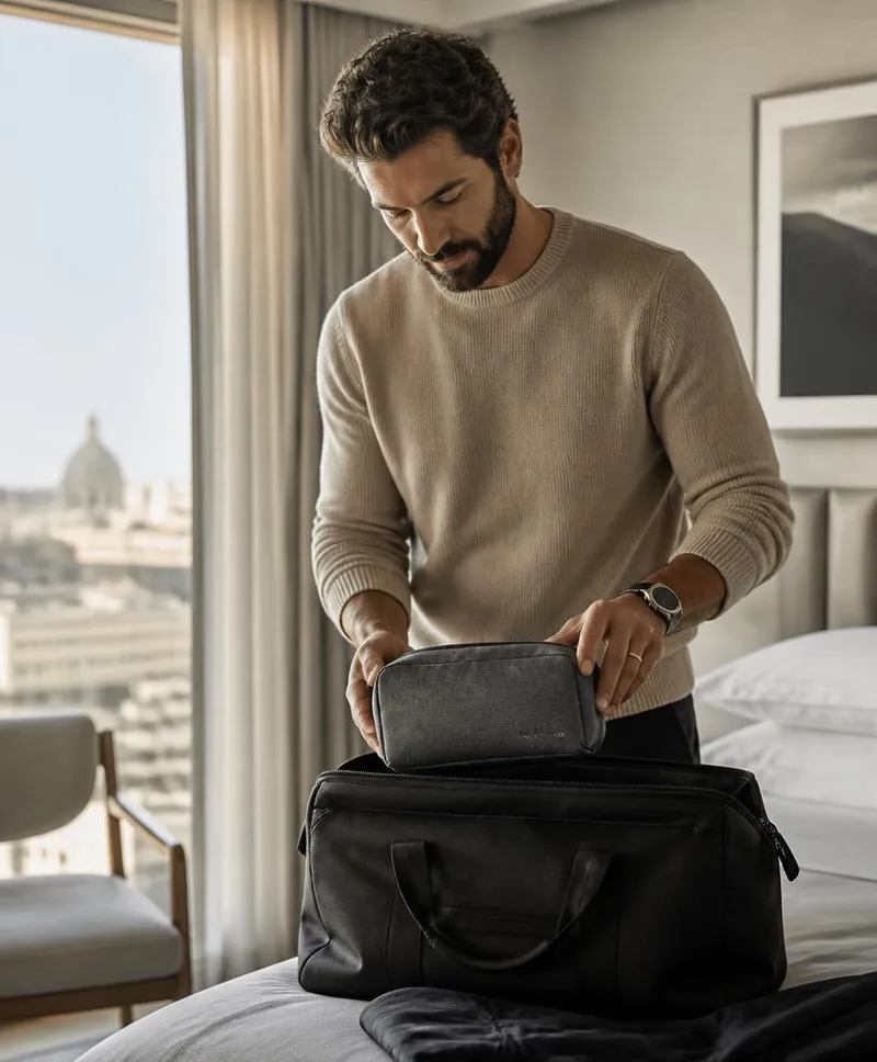 Man packing a grooming pouch into a travel bag
